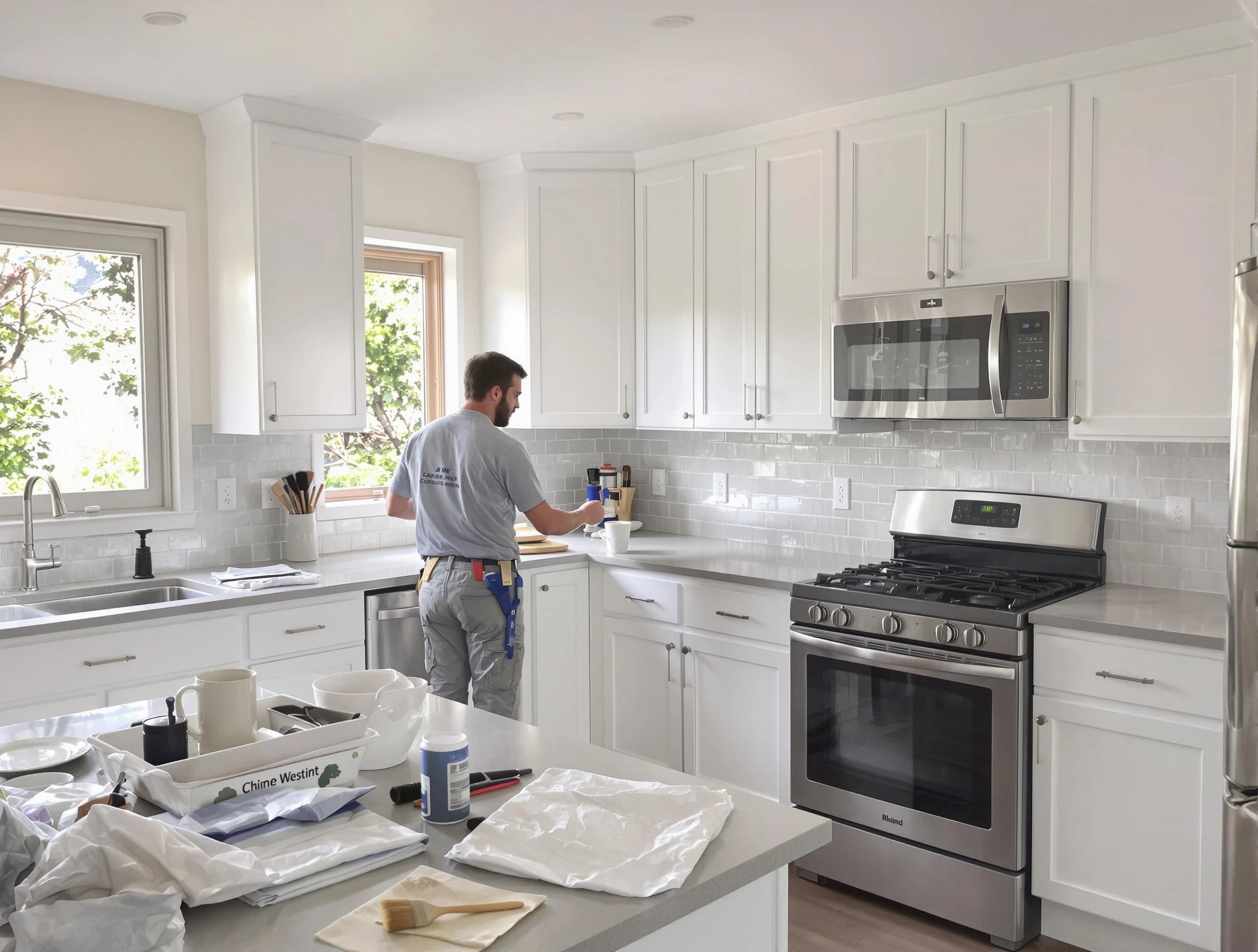 Florence House Painters applying fresh paint on kitchen cabinets in Florence